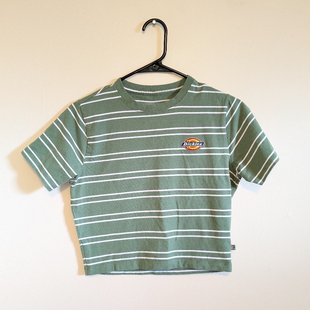 Dickies Retro Striped Crop Top size medium sage green white baby logo tee